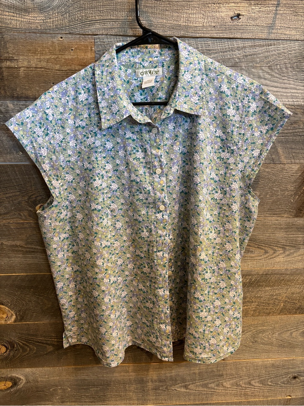 Orvis Floral Cap-Sleeve Button Front Tunic in Lavender and Green